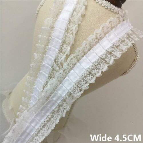 4.5CM Wide White Black Satin Chiffon Splice Guipure Lace Fabric Collar Neckline Laces Trim Pleated Ribbon Cloth Sewing Supplies