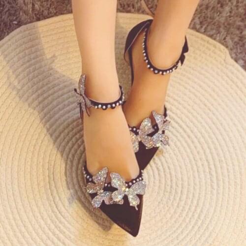 Fariy 3D Rhinestone Butterfly Embellished Cup Heel Sandals Pearl Ankle Strap Pointed Toe Summer beauty Wedding Pumps
