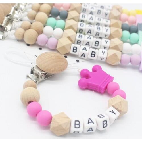 Personalised Name Handmade Beech Wooden Clip Chain Baby Pacifier Pink Crown Silicone Beads Pacifier Holder Chain Shower Gift