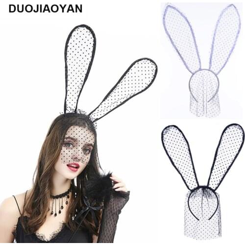 DUOJIAOYAN 2020 Sexy Rabbit Ears Headband With Dot Veil Women Girls Black Lace Cosplay Hair Band Halloween Party Headwear