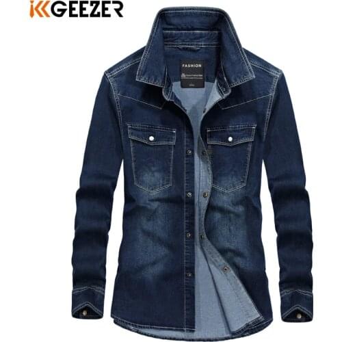 Jeans Shirt Men Denim Pockets Long Sleeve Cowboy Slim Fit Military Streetwear Casual Shirts High Quality Brand Loose Pocket Blue