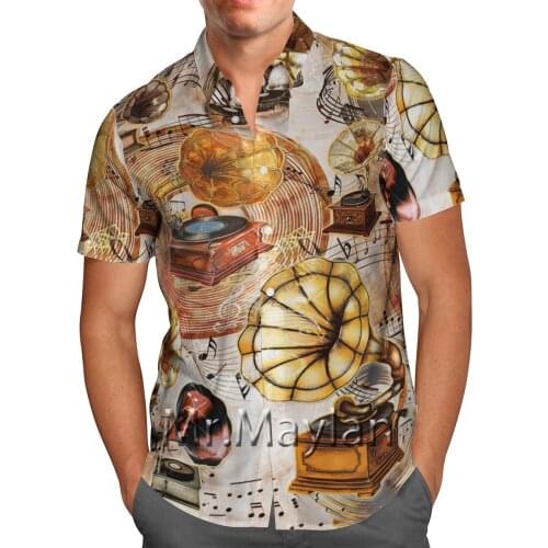 Vintage 3D Printed Gramophone Beach Hawaiian 2021 Summer Short Sleeve Shirt Streetwear Oversized 5XL Camisa Social Chemise Men