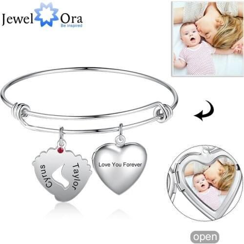 JewelOra Customized Photo Heart Locket Bangles Personalized Birthstone Engraving Name Baby Feet Charm Bracelets Mothers Gifts