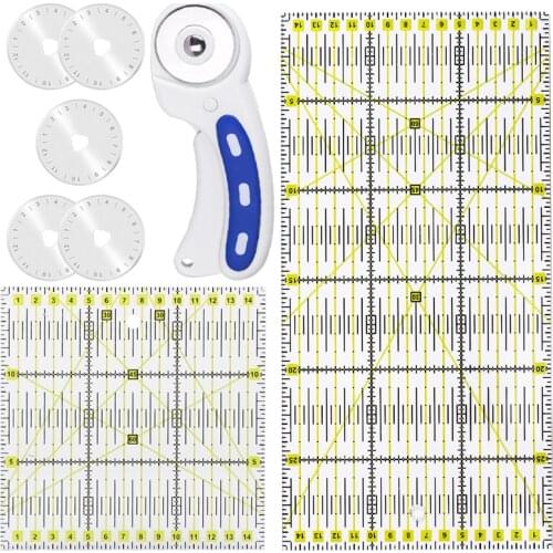 KAOBUY 45mm Rotary Cutter Fabric Patchwork Ruler Set with 5pcs Replacement Blades for DIY Sewing Fabric Leather Quilting