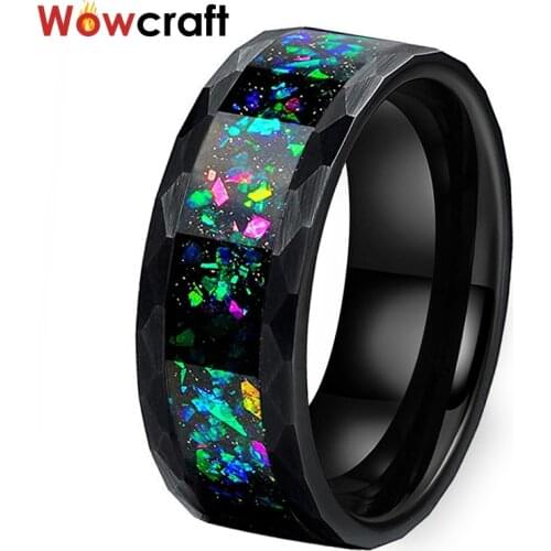 8mm Hammered Tungsten Carbide Rings for Men Women Wedding Bands Galaxy Crushed Opal inlay Brushed Finish Comfort Fit