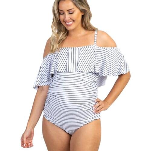 Strapless Backless Striped Ruffle Edge Maternity Swimwear Camisole Tankinis Set For Pregnant Beach Bathing Tankinis Swimsuit
