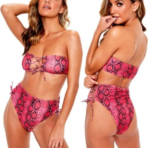 Fashion Trend Women Push Up Padded Bra Bandage Strapless Bikini Set Swimsuit Snakeskin Print Swimwear Bathing Suit Beachwear