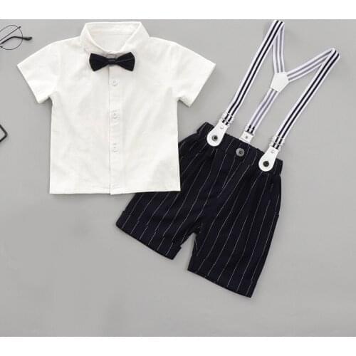 Summer Baby Boys' Short Sleeve Sling Suit Childrens Stripe Gentlemans Short Sleeve Three Piece Set