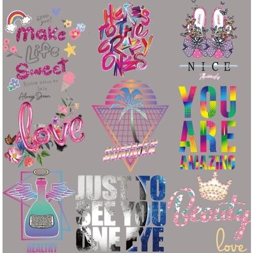 Fashionable female T-shirt decorated with inscription heart and LOVE letter heat transfer Iron On T-shirt pillow decoration