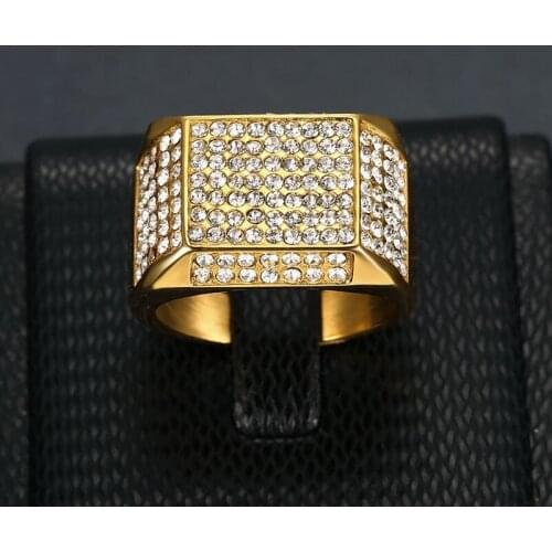 2021 Fashion Shining Rhinestone Wedding Men Ring band Jewelry Square Gold Stainless Steel Bling Full Charm Rings Size 7-12
