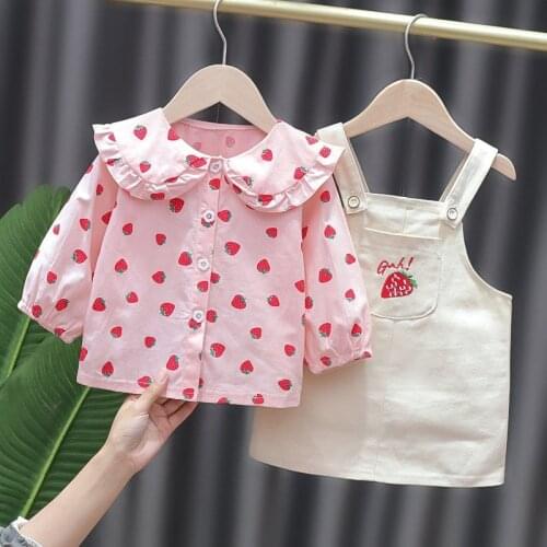 Newborn Baby Embriodery Strawberry Outfits Fashion Full Sleeve Baby Blouses And Suspender Dress Costume Autumn Fall Cute Clothes