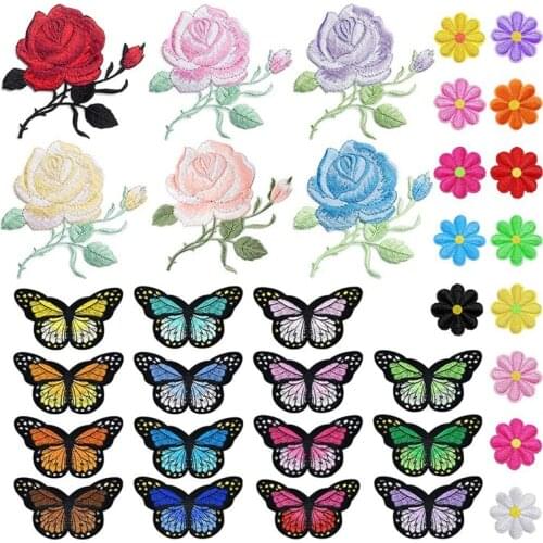 34Pcs Embroidery Applique Patches Rose Flowers Butterfly Iron on Patches for Jackets, Jeans, Arts Crafts DIY Decoration