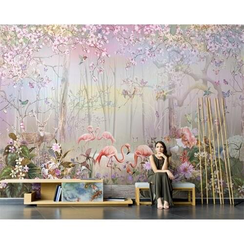 Beibehang Customize new Nordic hand-painted elk flamingo dream forest living room mural TV pink wallpaper wall papers home decor