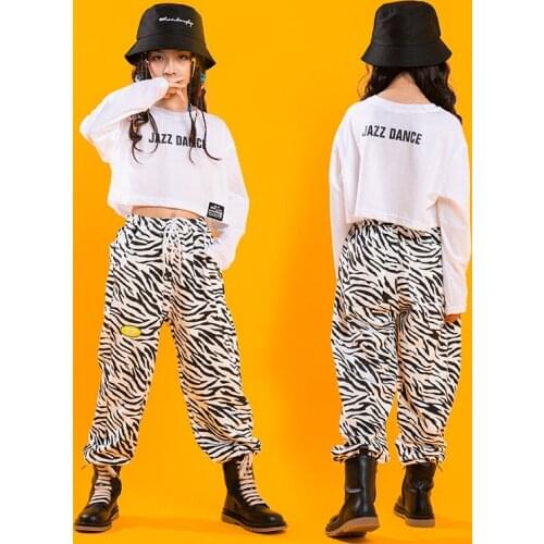 Hip Hop Clothes For Children White T Shirt Crop Top Zebra Tactical Cargo Pants For Girls Jazz Dance Costumes Performance Outfits