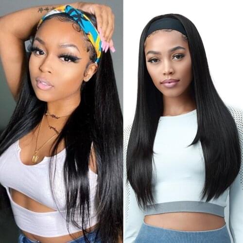 Headband Wigs Machine Made Hair Wig Natural Color Wig Natural Black Synthetic Wigs Full Short Straight Headband Wigs For Women