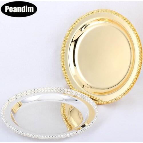PEANDIM Luxury Metal Tray Tableware 25cm Silver/ Gold Charger Plates Nut Plate/ Sweet/ Cake Plates For Home Christmas Decoration