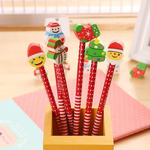36 Pcs HB Christmas Cartoon Pencils Eraser Wood Rubber New Year Creative Stationery Set Childrens School Supplies Xmas Gigts