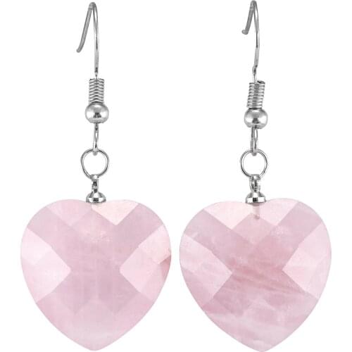 TUMBEELLUWA Natural Crystal Stone Faceted Heart-Shaped Drop Jewelry Silver Color Dangle Hook Earrings For Women Gift