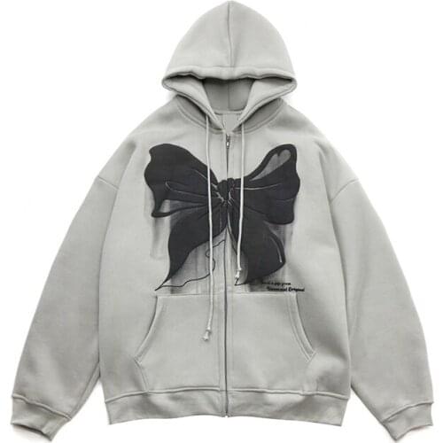 Zipper Up Hoodie Winter Sweatshirt Women Movement Tops Hooded Plus Casual harajuku grunge Oversized Hand drawn bow Woman Clothes