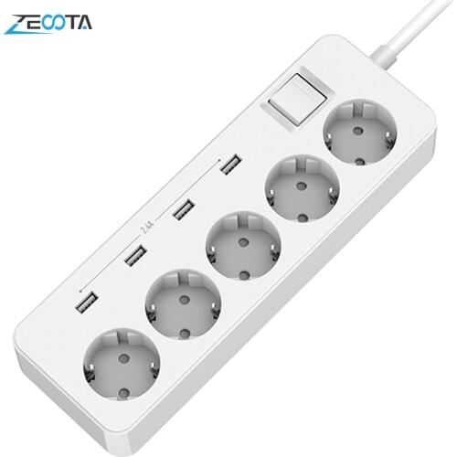Multiple Power Strip Surge Protection 5 way Leads Outlets EU Electric Plug Sockets with USB Charging Adapter 1.5m Extension Cord