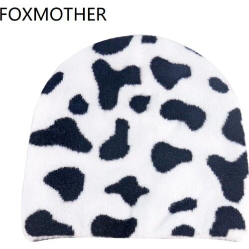 FOXMOTHER New Fashion Black White Cow Beanie Hats Winter Caps For Women Ladies 2020