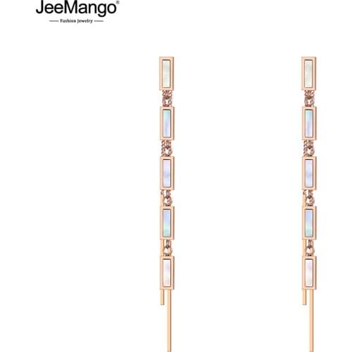 JeeMango Titanium Steel Bohemia Tassel Long Earrings Jewelry Rose Gold Black Acrylic Vacation Dangle Earrings For Women JE19143