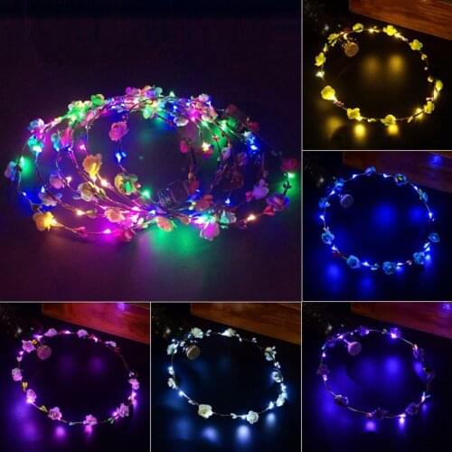 Women Girls Glowing Wreath Crown Flower Headband LED Light Up Hair Wreath Hairband Garlands Wedding Party Christmas Xmas Birthda