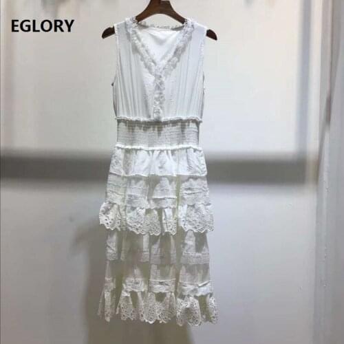 2020 Summer Fashion Sleeveless Dress High Quality Cotton Women V-Neck Ruffle Lace Patchwork Sexy Club Dress Slim Fit & Flare