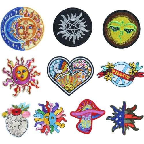 1PCS Rainbow Sun And Moon Patches Embroidery Patches For Clothing Iron On Applique Peace And Love Stickers DIY Apparel Sewing