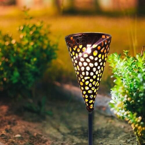 2pcs LED Solar Lights Hollow Metal Cone Street Lamp Luminaire Lighting Lawn Stake Lamps Outdoor Garden Pathway Decoration