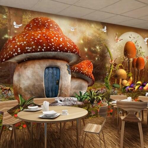 Custom Wall Cloth Cartoon Mushroom House Butterfly Flower 3D Photo Wallpaper For Kids Room Restaurant Cafe Wall Decoration Mural
