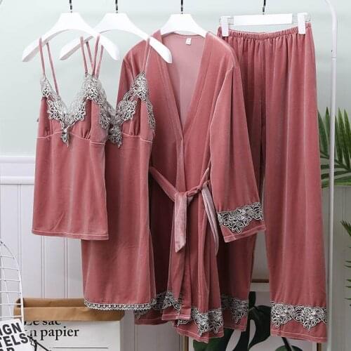 4 Pieces Sleepwear For Female Robe Underwear Sexy Lace Gown Set Nightdress Warm Nightwear Gold Velvet Home Clothes Loungewear