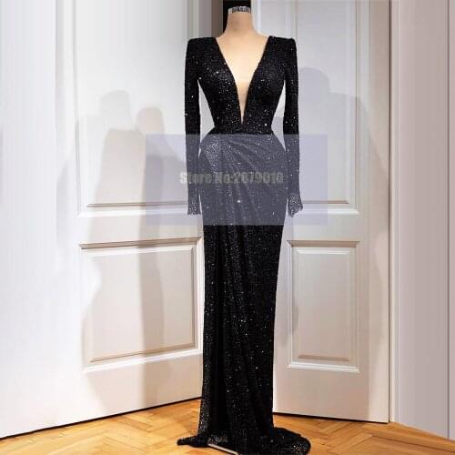 Sparkly Black Mermaid Evening Dresses Long Sleeves Sequins Floor-Length Prom Dress Robe De Soiree Aibye Middle East Formal Dubai