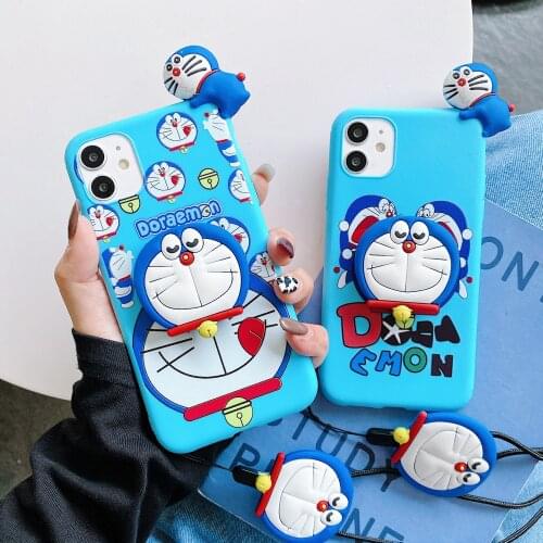 For iPhone 12 11 Pro Xs Max Xs XR 6 7 8Plus SE 2020 Case Doraemon TPU Case Ring Holder Soft Phone Strap Rope Case