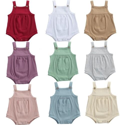 2020 Baby Girls Boys Bodysuits Summer Clothing Toddler Newbown Baby Sleeveless Ribbed Pocket Jumpsuits Playsuits Cotton Clothes