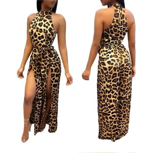 2018 Trendy Leopard Print Loose Jumpsuits Sleeveless Halter Women Rompers Sexy High Slit Wide Leg Pants Night Club Overalls