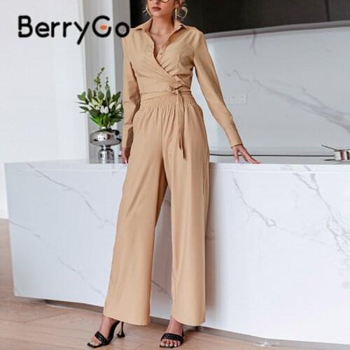 BerryGo Autumn solid belt casual suits office lady Long sleeve V neck shirt sets women Elastic waist straight two piece sets