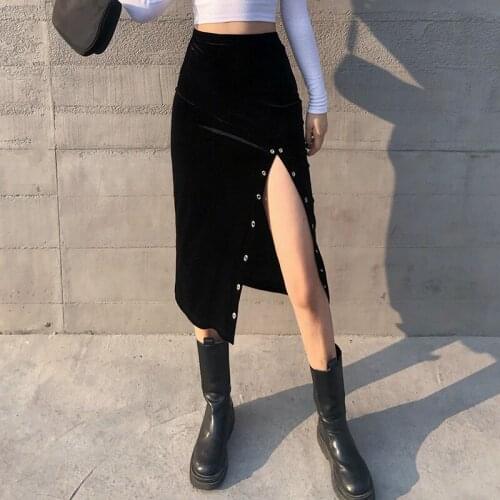 Summer Women Punk Y2K Buttoned Split High Waist Mini Skirts 2021 Fashion Street Club Casual Black Bodycon Skirt S-L