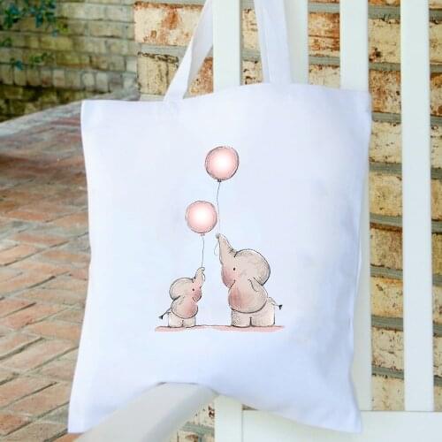 Kawaii Cute Elephant Balloon Print Shoulder Bags School Book Canvas Bag Reusable White Totes Bags Portable Travel Shopping Pouch