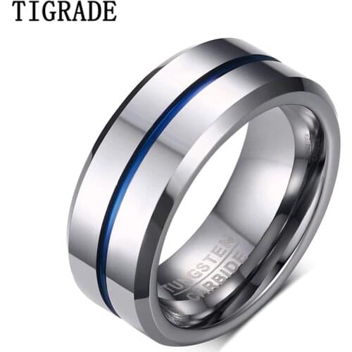 Tigrade New Men Rings 8mm Tungsten Wedding Band Silver Color with Blue Line Stylish Male anillos hombre for anniversary ring