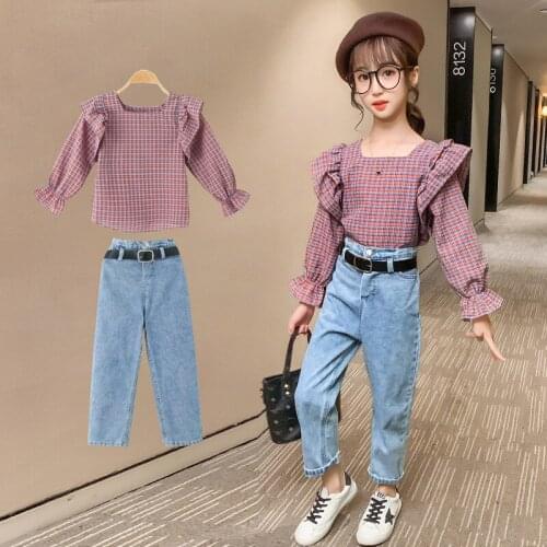 New Girls Boutique Outfits Autumn Teen Girls Clothes Children Clothing Plaid Top Jeans Pants 2pcs Teenager Girls Clothing Sets