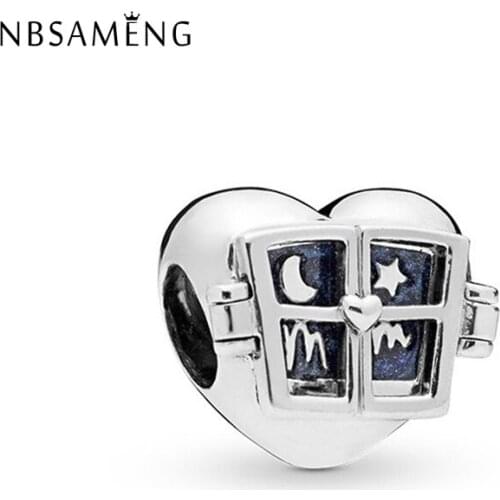 Original Silver Plated Charms Bead Blue Enamel Window Heart Charm Fit Bracelets Necklace DIY Women Jewelry