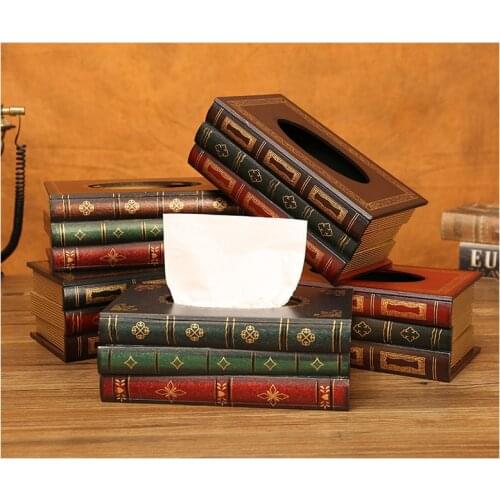 Retro tissue box European antique wooden paper box simulation of books crafts large napkin box book shape handkerchief case