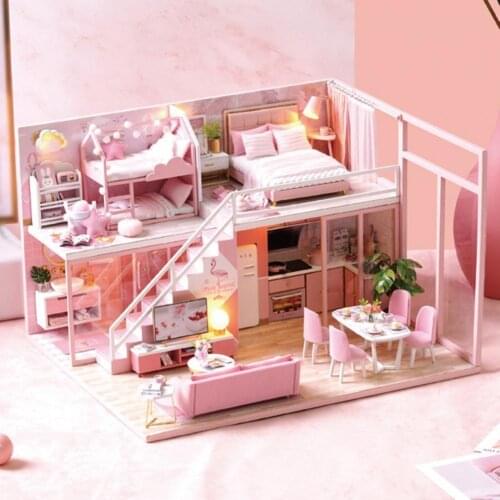Assemble DIY Miniature Doll House Handmade LED Loft Building Model Kids Birthday Gift Toy