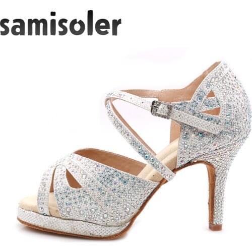 Latin Dance Shoes with Platform Jazz Shoes Dance Ballroom Shoes Girls Rhinestone High Heels Glitter Salsa Dancing Shoes