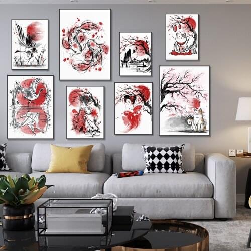 Japanese Art Wall Art Geisha Cat Koi Landscape Canvas Painting Black and Red Posters Prints Pictures for Living Room Home Decor