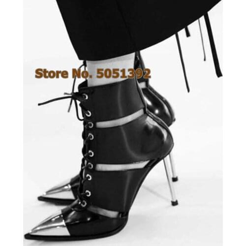Women High Heel Sandals Cross Tied Metal Decoration Rivets Pointed Toe Cut-Out Ankle Short Booties Lace-up
