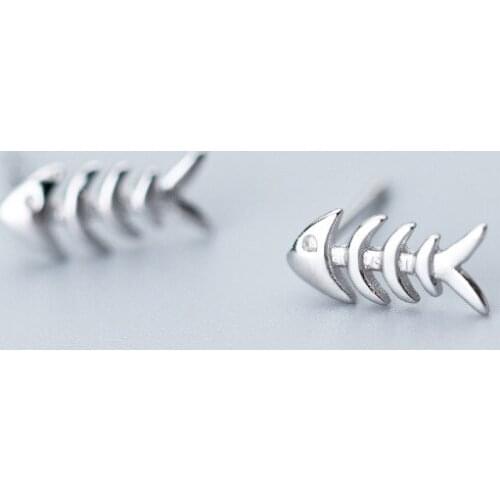 MloveAcc Real 925 Sterling Silver Fish Bone Stud Earrings for Women Girl Lady Jewelry Fashion Silver Animal Earring
