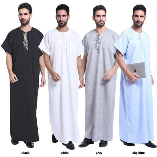 Zomer Moslim Marokkaanse Korte Mouw Islamitische Mannen Borduren Effen Kleur Gewaad Arabische Kaftan Saudi Dubai Kleding