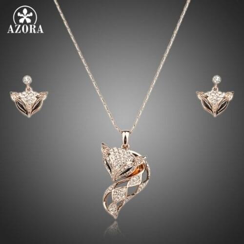AZORA My Fox Lady Rose Gold Color Austrian Rhinestone Paved Fox Pendant Necklace and Earring Set TG0074